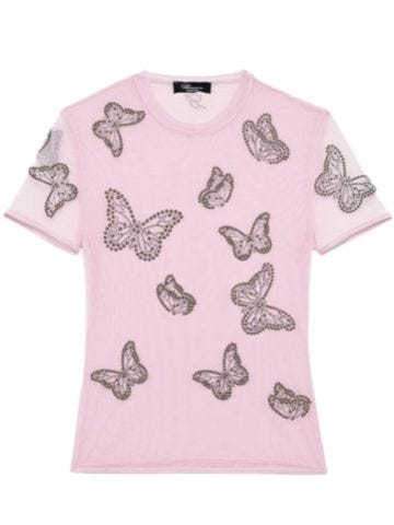 T-shirt rosa In Tulle Con Ricamo Farfalle