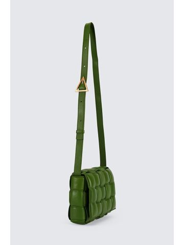Green padded leather shoulder bag with intrecciato pattern