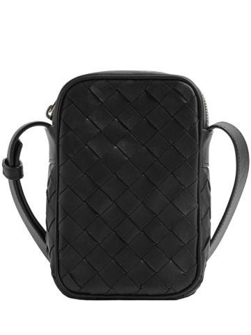 Black cross-body pouch with intrecciato pattern