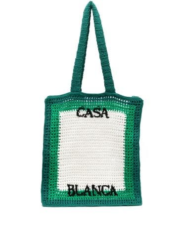 White and green crochet tennis tote bag with logo