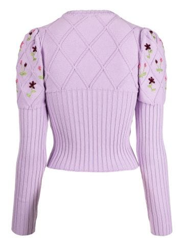 Long-sleeved crew-neck lilac sweater with flower embroidery