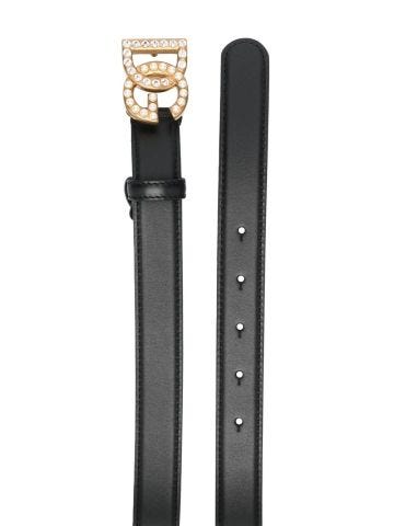 Cintura nera con fibbia logo DG con strass e perle
