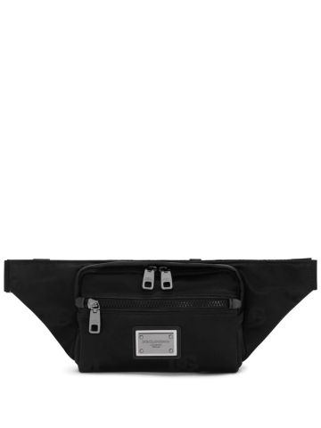 Black fanny pack with logo plaque
