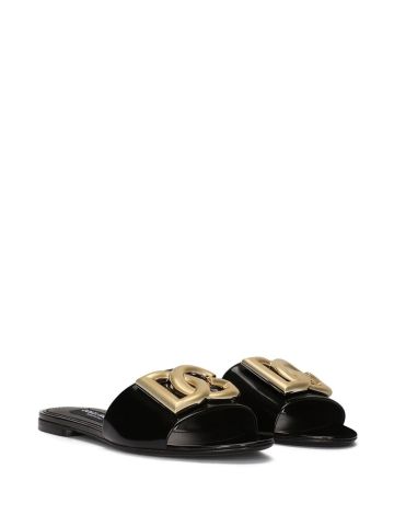 Black slides sandals with gold  logo plaque
