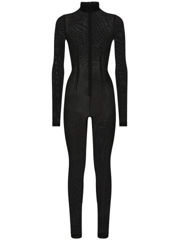 Full-length black semi-sheer turtleneck jumpsuit