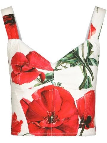 Shaped crop top with poppy print