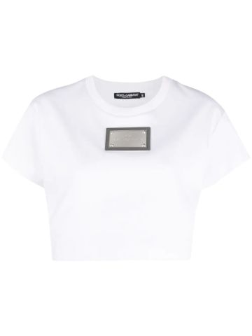 White crop T-shirt with KIM logo plaque