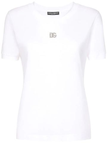 White short-sleeved T-shirt with rhinestone DG logo