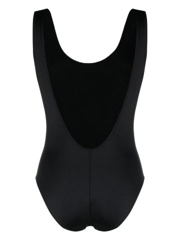 Black one-piece swimsuit with logo plaque