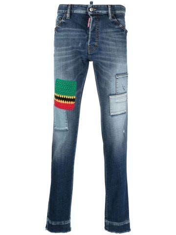 Blue slim jeans with patchwork details
