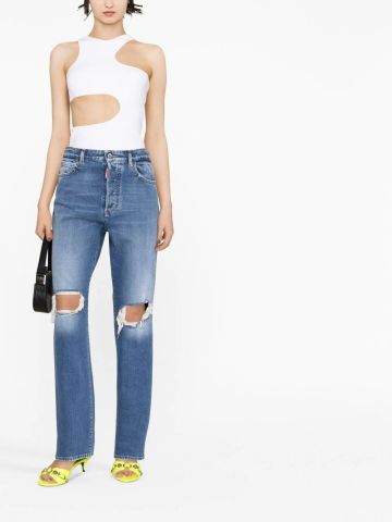 Blue straight jeans with worn effect and rips