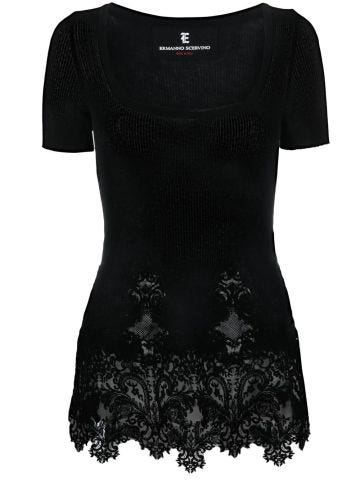 Black short-sleeved jersey with lace trim