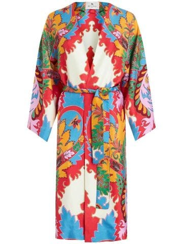 Multicoloured silk kimono with belt and abstract pattern