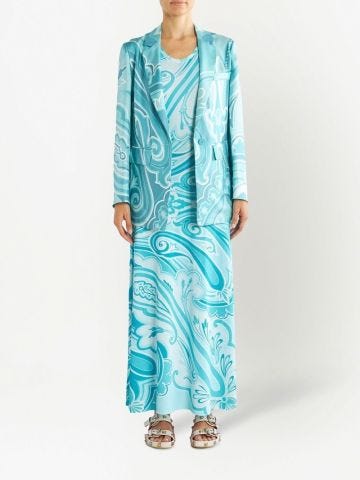 Light blue sleeveless long dress with graphic print