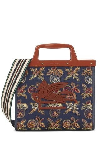 Blue tote bag with jacquard effect and brown logo