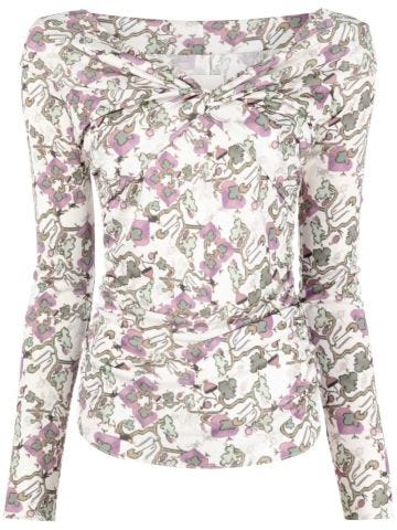 Long-sleeved top with floral print and bare shoulders