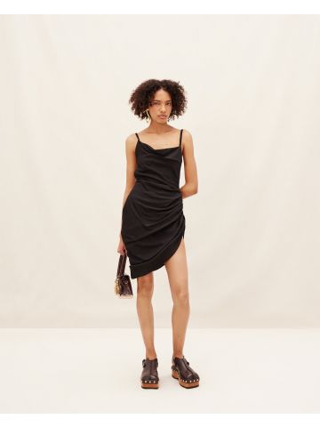 La robe Saudade short black dress with asymmetrical ruffles
