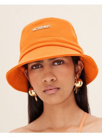 Orange bucket hat with logo plaque