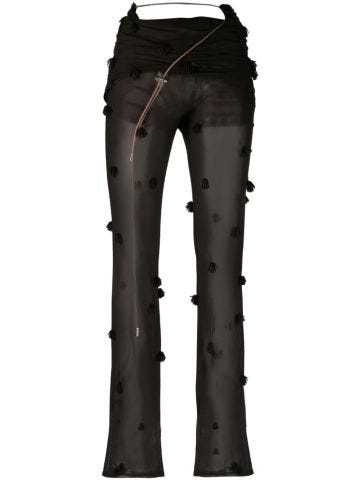Black beaded semi-transparent flared trousers