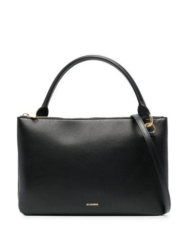 Black leather bag with handle and shoulder strap