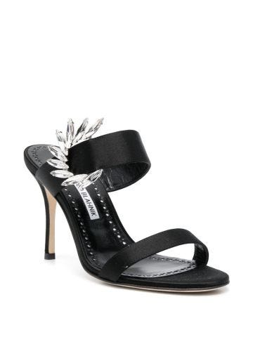 Black satin sandals with jewel decoration
