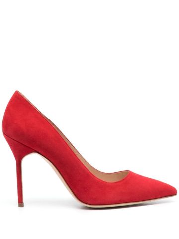 Red pointed suede pumps