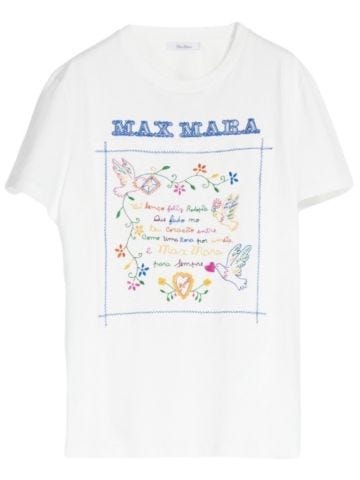 White short-sleeved T-shirt with blue embroidery