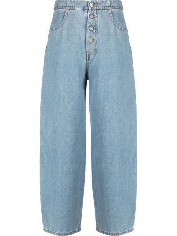 Blue crop jeans with a medium waist