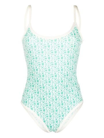 Green one-piece swimming costume with logo print