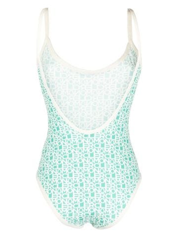 Green one-piece swimming costume with logo print