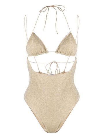 Gold one-piece swimming costume with American neckline