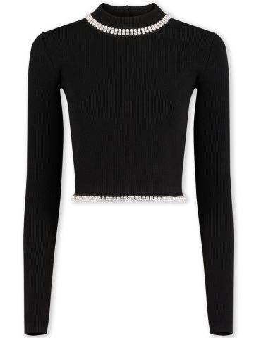 Black knit crop top with long sleeves