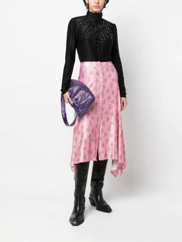 Pink asymmetrical midi skirt with star print