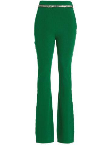 Green ribbed pants with jewel detail at waistband
