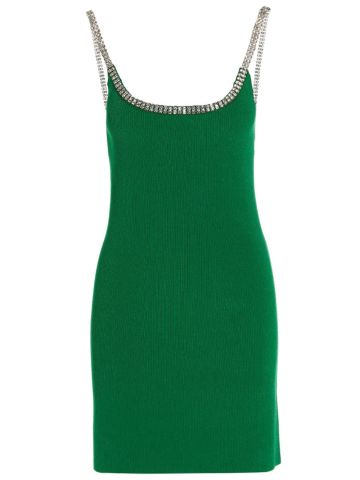 Green ribbed knit short dress with jeweled straps