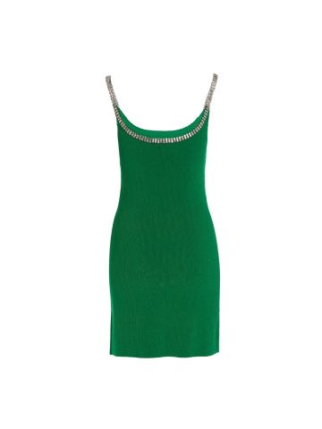 Green ribbed knit short dress with jeweled straps