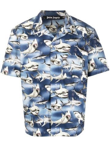 Camicia blu con stampa squali