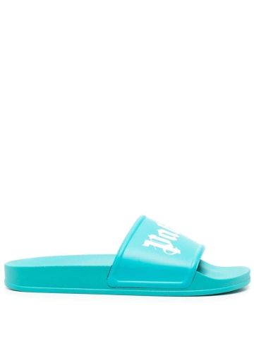 Light blue slides sandals with print