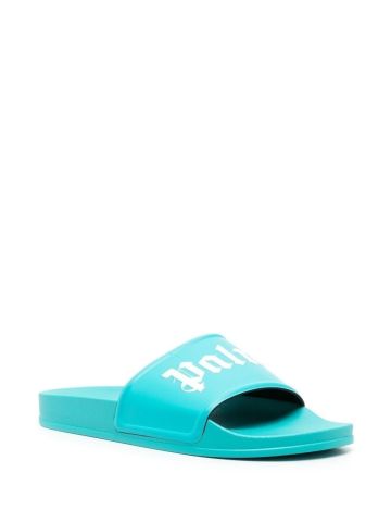 Light blue slides sandals with print