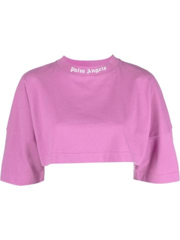 T-shirt rosa crop con stampa logo