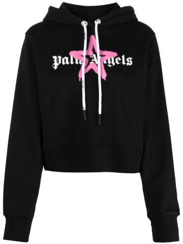 Black hoodie with logo and star print
