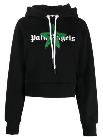 Black hooded sweatshirt with logo print and green star