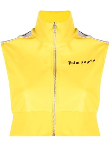 Yellow sleeveless crop top with logo print and zip