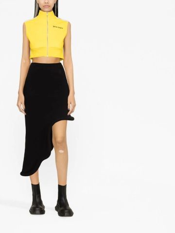 Yellow sleeveless crop top with logo print and zip