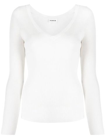 White long-sleeved V-neck sweater