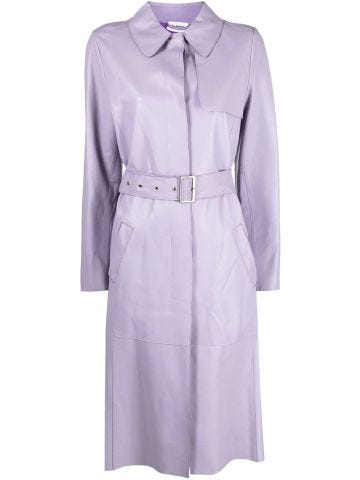 Single-breasted lilac leather trench coat with belt