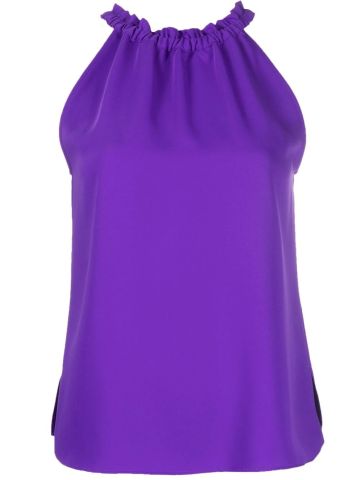 Purple sleeveless top with ruffled collar