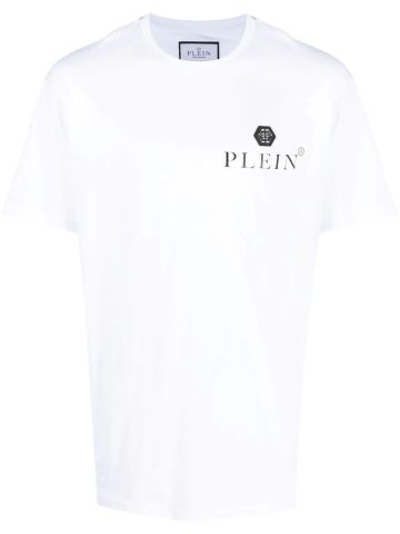 T-shirt bianca a maniche corte con placca logo