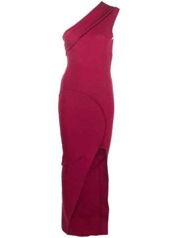 Fuchsia one-shoulder asymmetrical long dress with slit