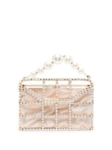 Clutch Holli beige con cristalli e manico in perle